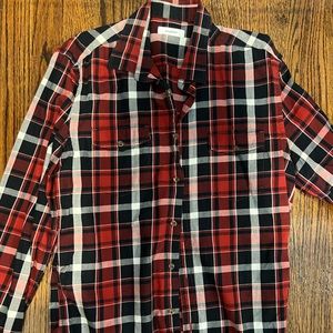 Men’s red shoes plaid button down